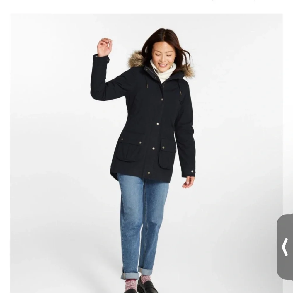 NWT 100% Organic Cotton L.L. Bean Black Coat Parka Removable Faux Fur Trim Hood - Picture 4 of 11
